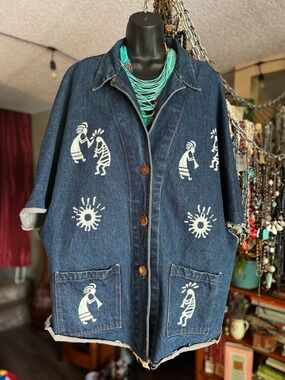 RAMA USA Denim Kokopelli Art Jacket • Boho Oversized Poncho Boho • Wearable Art